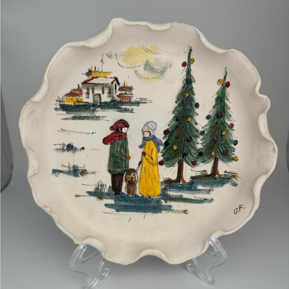 Vintage Handmade & Painted Ceramic Christmas Plate Raised Texture Signed